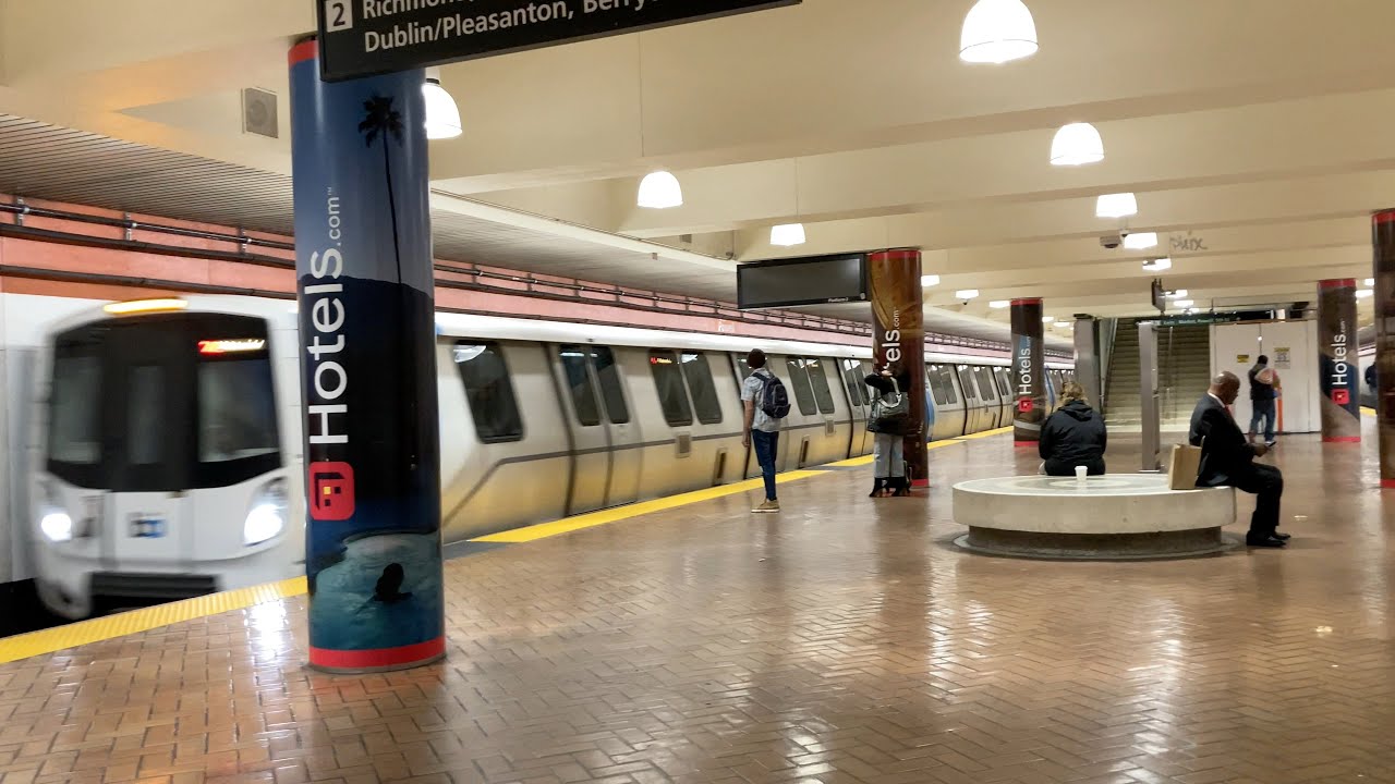 BART train arriving at a downtown San Francisco station platform